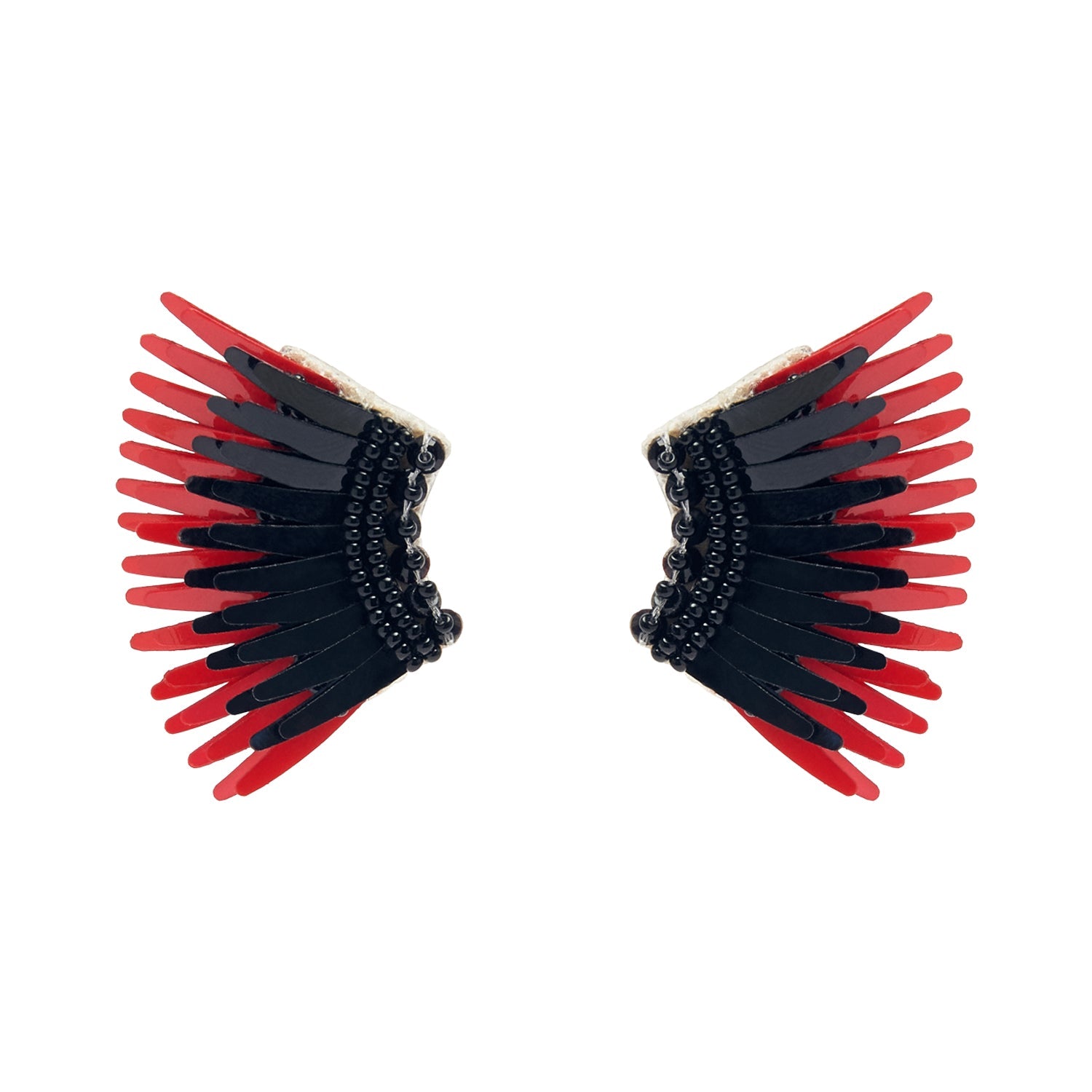 Red and Black Sequin and Bead Wing Stud Earrings on Flat White Background
