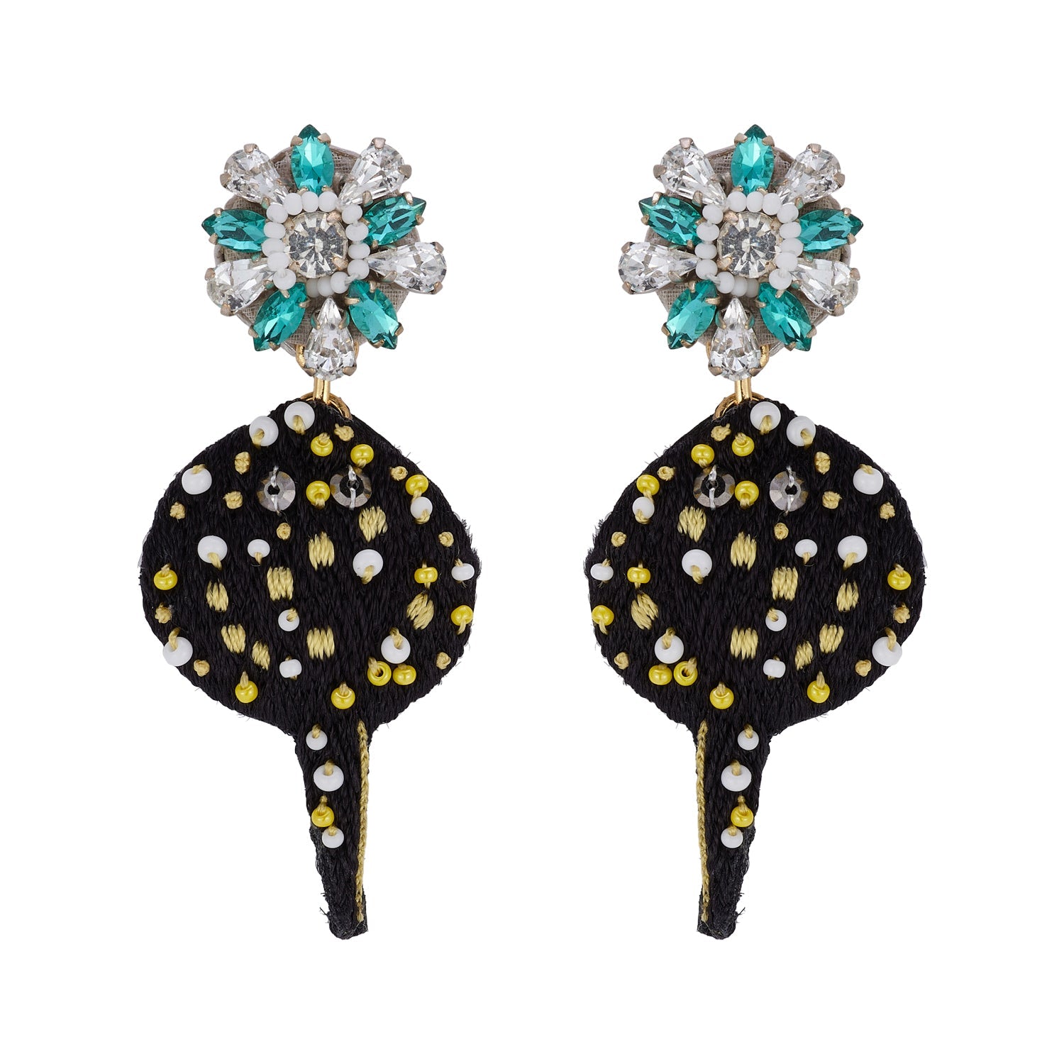 Black and Yellow Embroidered Sting Ray with Blue and Clear Crystal Topper on Flat White Background