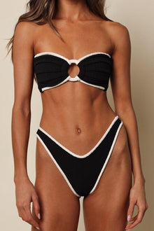 Thong Bikini Bottom | Black Cream Binded Terry Rib