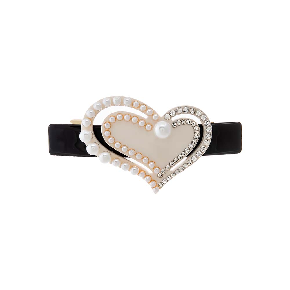 Black & Ivory Pearl & Rhinestone Cutout Heart Barrette - Adina's Jewels