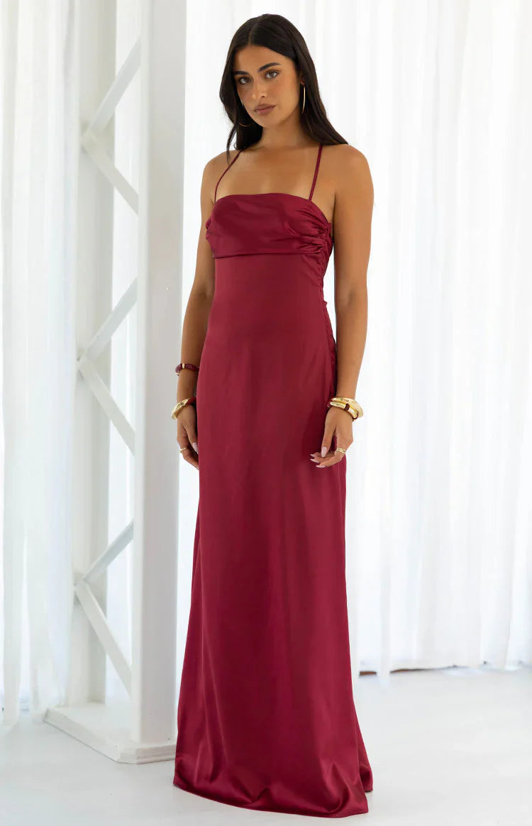 satin burgundy maxi dress Blaise Burgundy Satin Maxi Dress