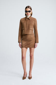 Model is Wearing the Nour Hammour Bleeker Fitted Suede Jacket Tobacco - Front