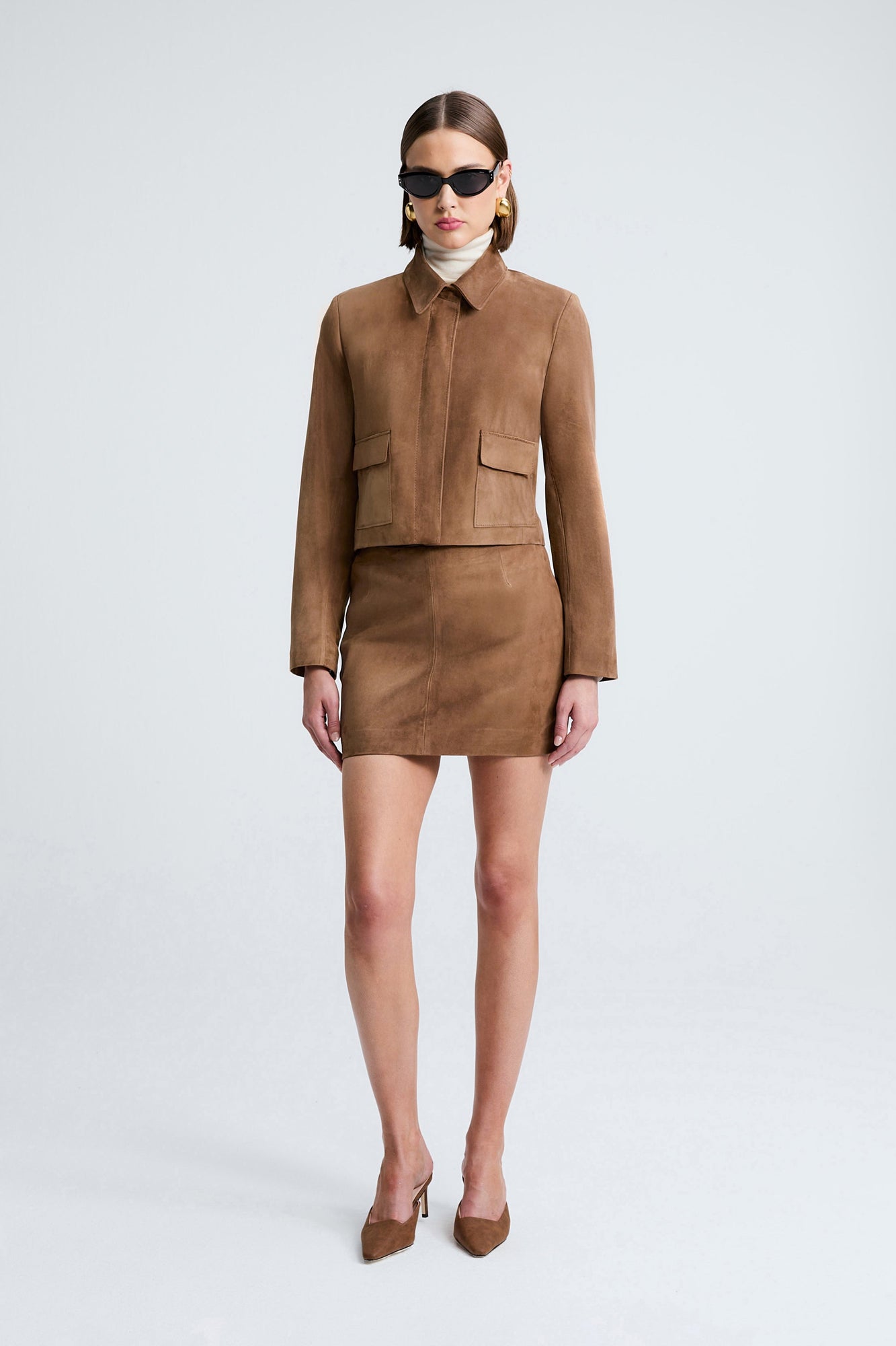 Model is Wearing the Nour Hammour Bleeker Fitted Suede Jacket Tobacco - Front