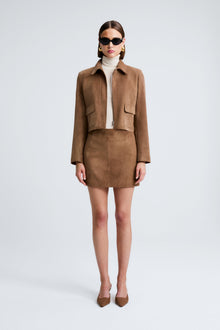 Model is Wearing the Nour Hammour Bleeker Fitted Suede Jacket Tobacco - Front Open