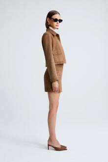 Model is Wearing the Nour Hammor Bleeker Fitted Suede Jacket Tobacco - Side