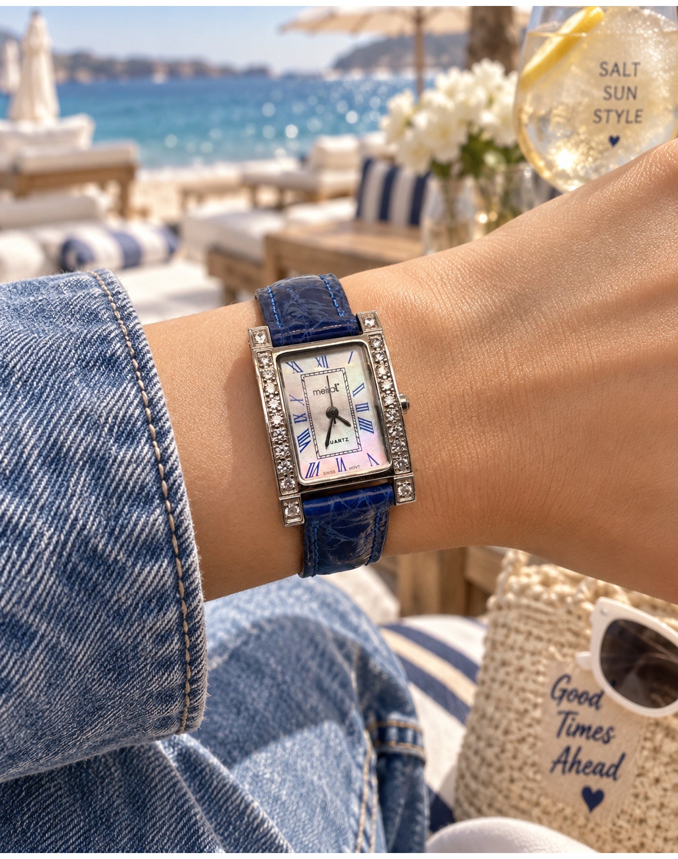 Blue Diamond Rectangular Watch | White