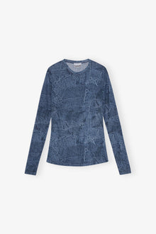 Blue Printed Mesh Blouse | Denim