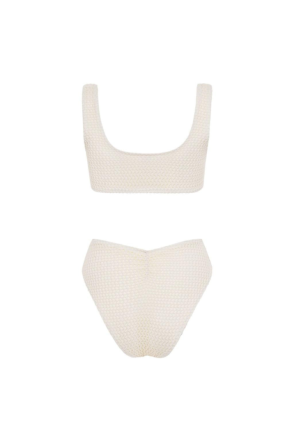 Bone-colored crochet one-piece swimsuit with textured knit fabric, scoop neckline, and high-waisted bottom.