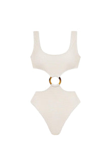 Bone crochet one-piece swimsuit with scoop neckline, cutout at waist, and tortoiseshell ring detail.