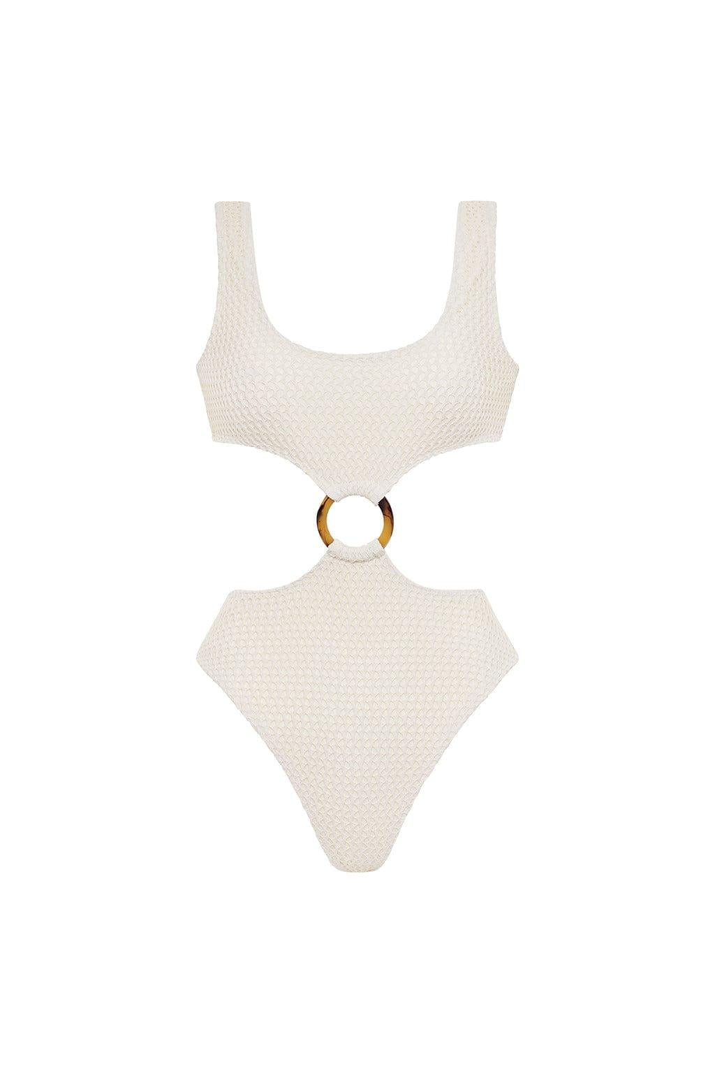 Bone crochet one-piece swimsuit with scoop neckline, cutout at waist, and tortoiseshell ring detail.