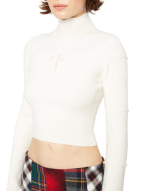 Bow Knit Tie Pointelle Turtleneck | White