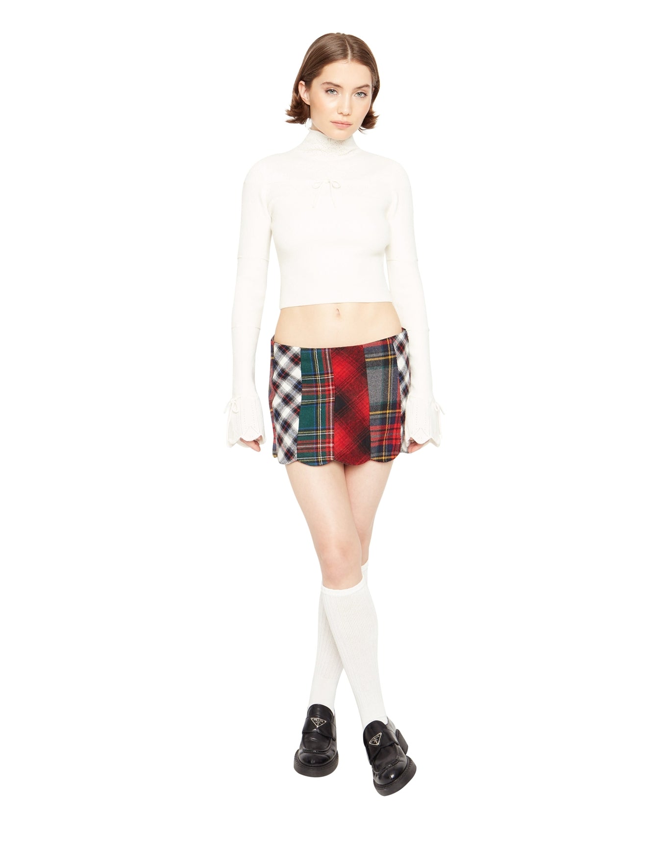 Bow Knit Tie Pointelle Turtleneck | White