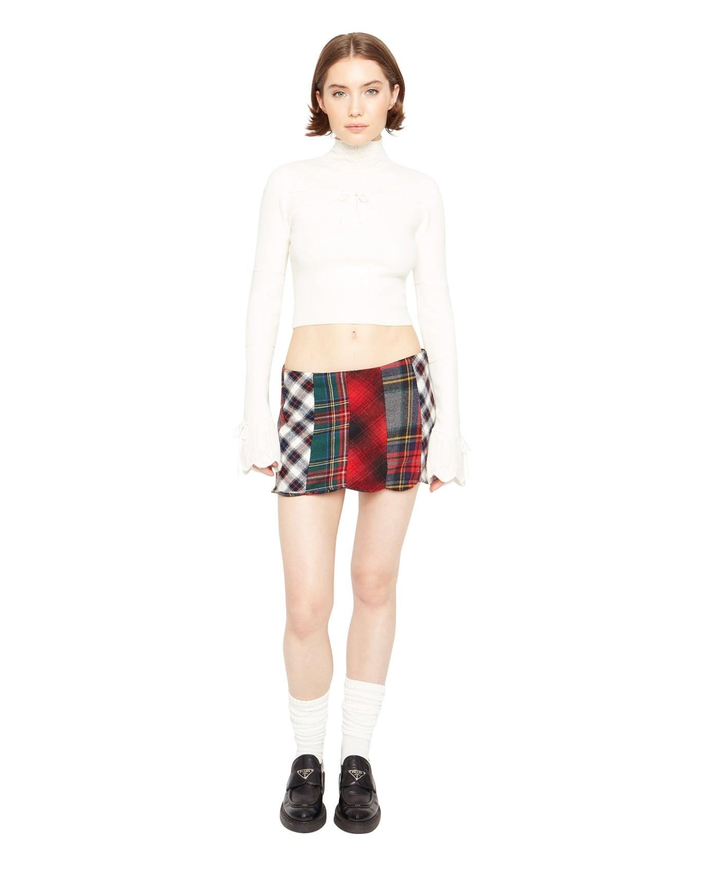 Bow Knit Tie Pointelle Turtleneck | White