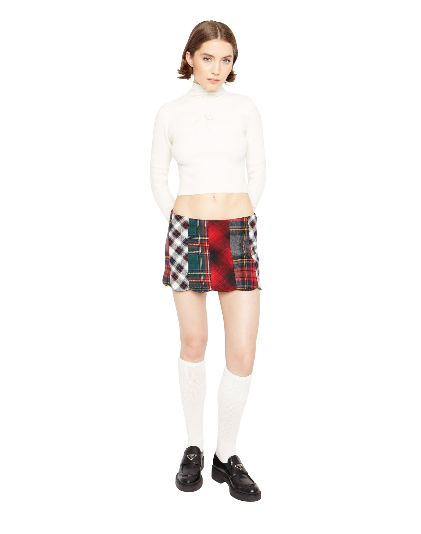 Bow Knit Tie Pointelle Turtleneck | White