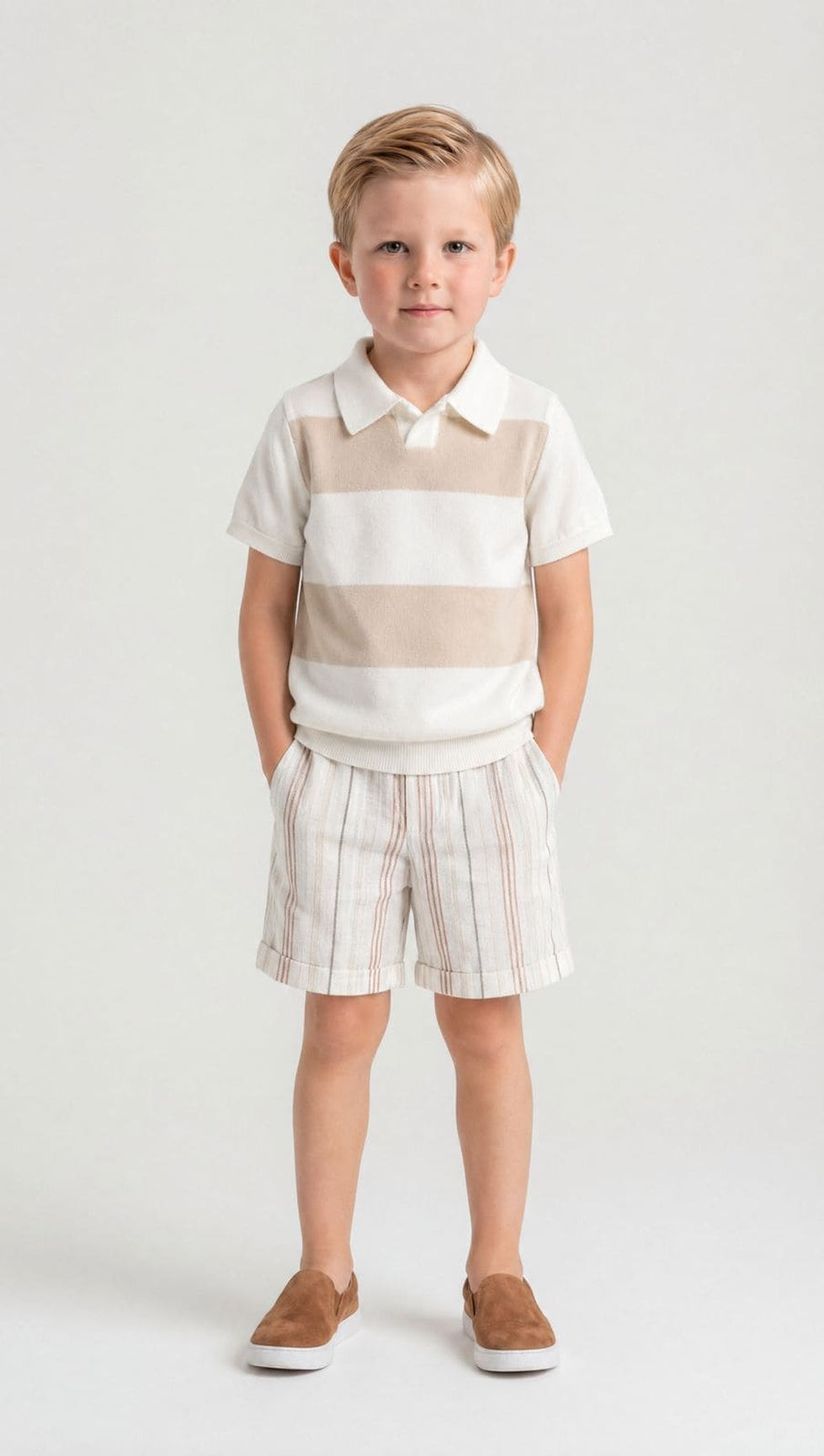 Boy | Bennet White And Beige Cotton Knit Polo Shirt