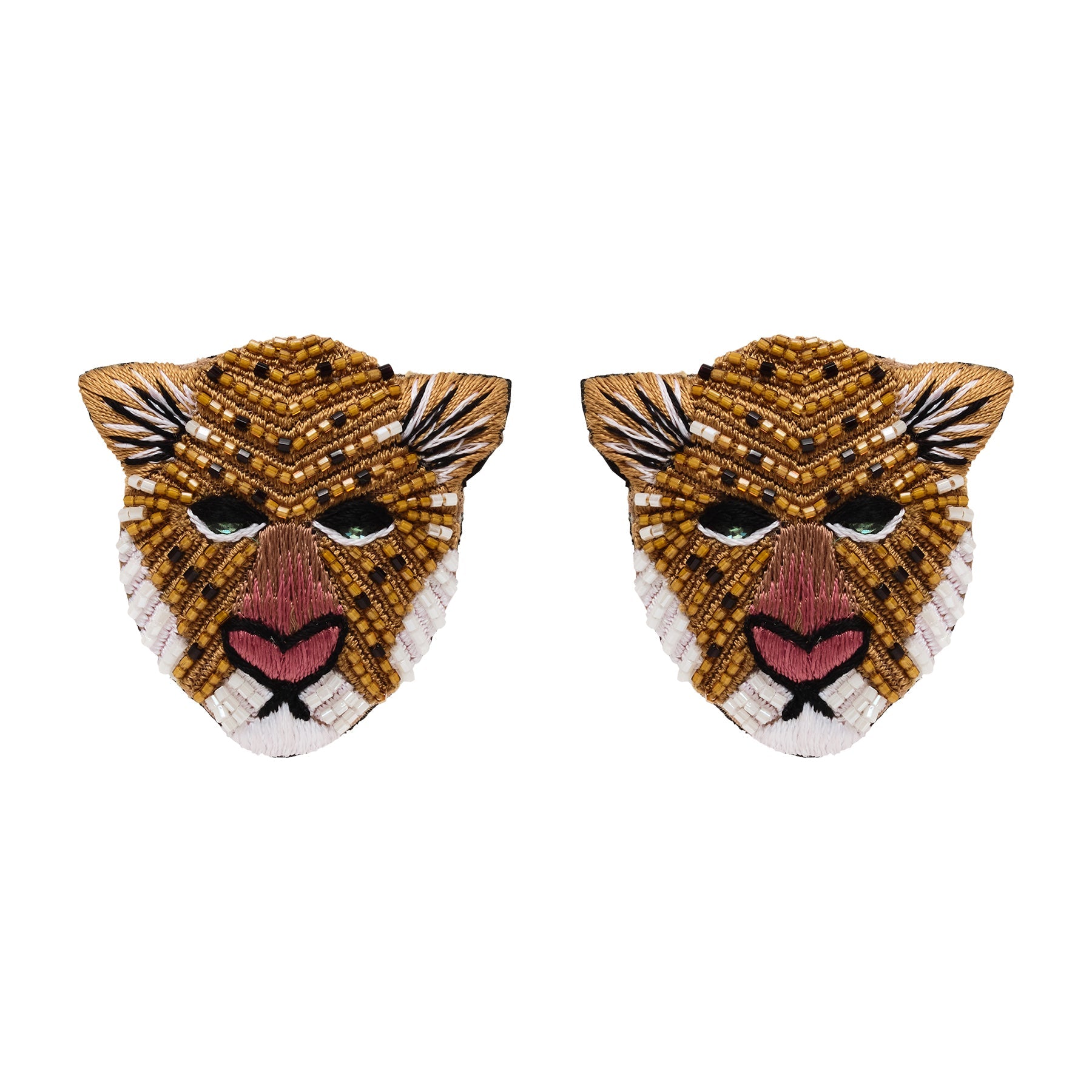 Brown, Tan, Black, and White Beaded Tiger Stud Earrings on Flat White Background