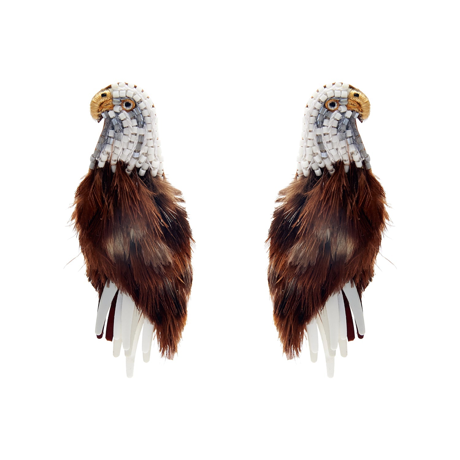 Brown and White Feather and Bead Eagle Stud Earrings on Flat White Background