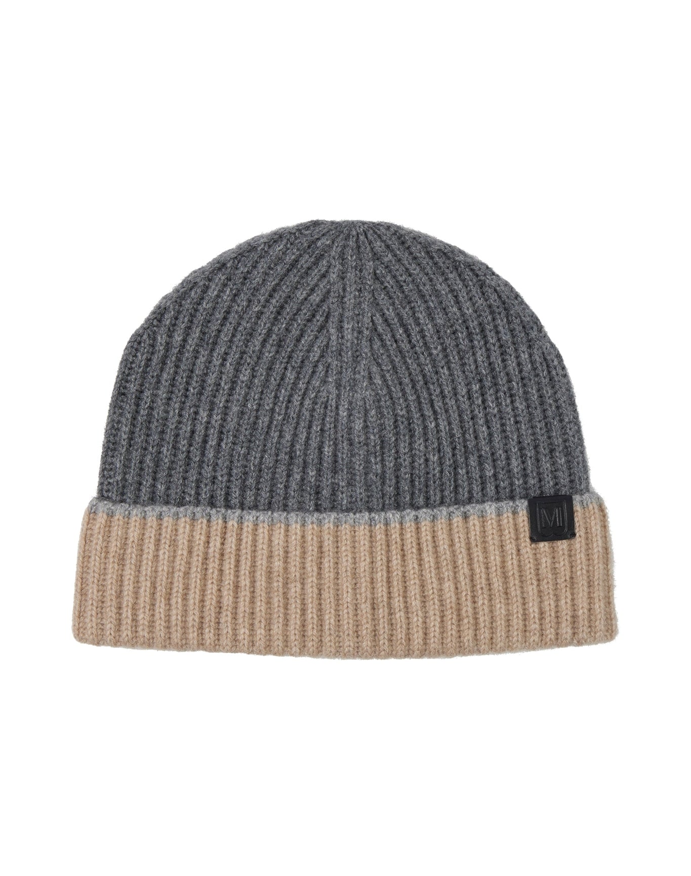 Bruno Magli | Men | Cashmere Chunky Rib Hat With Contrast Cuff | Grey/Camel