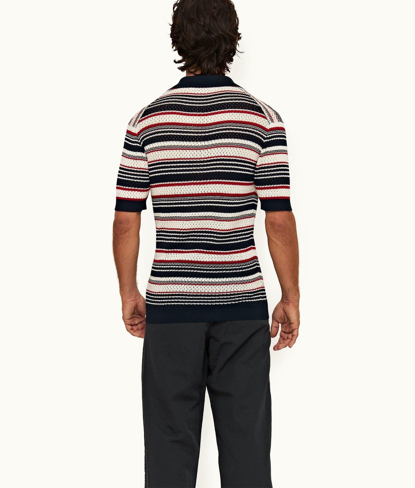 Bruno Stripe Crochet Stripe Mercerised Organic Cotton Polo Shirt | Matchstick/Night Iris