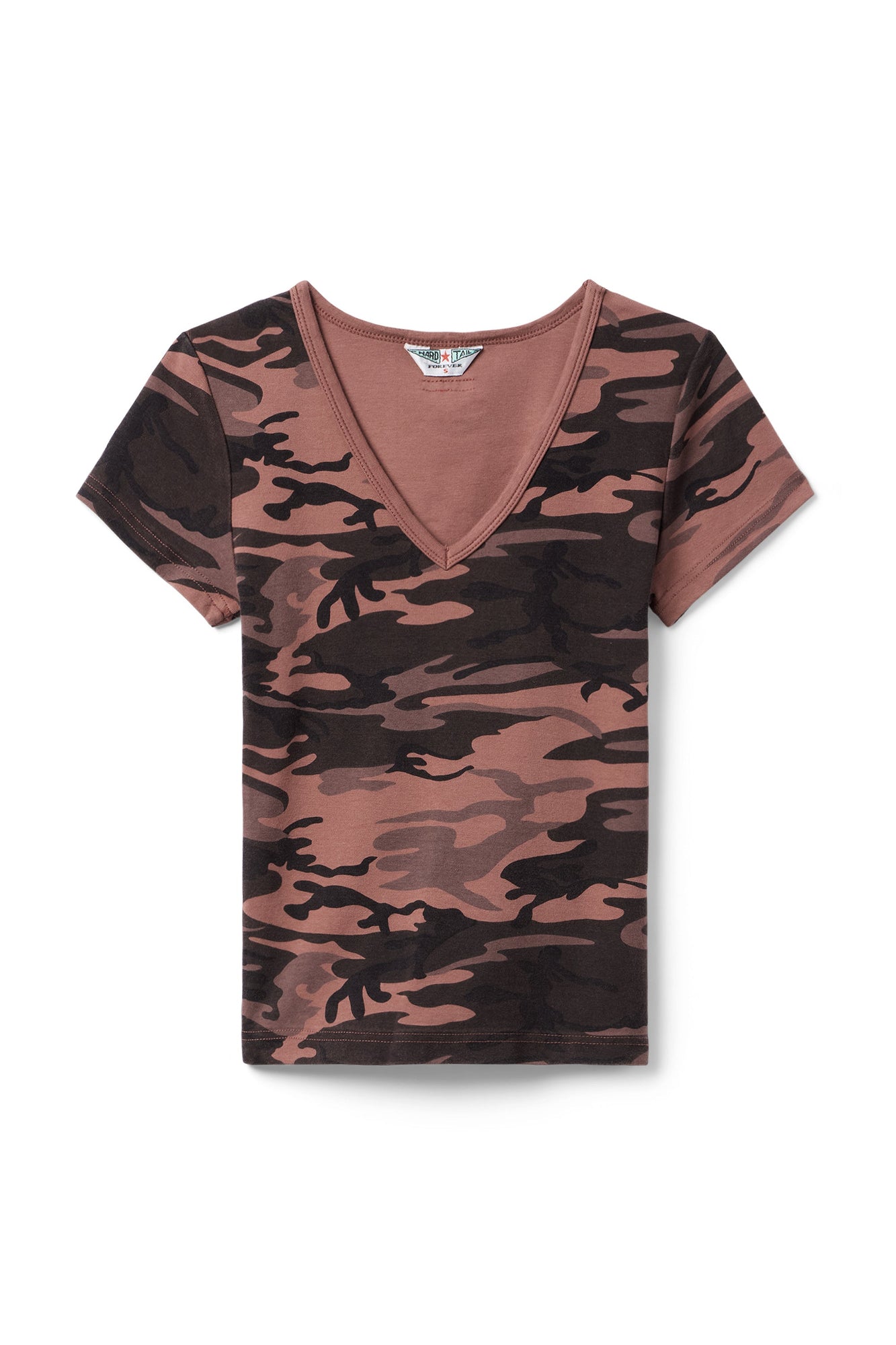 Women | Vintage Camo Short Sleeve V-Neck Baby Tee | Camo/Sienna