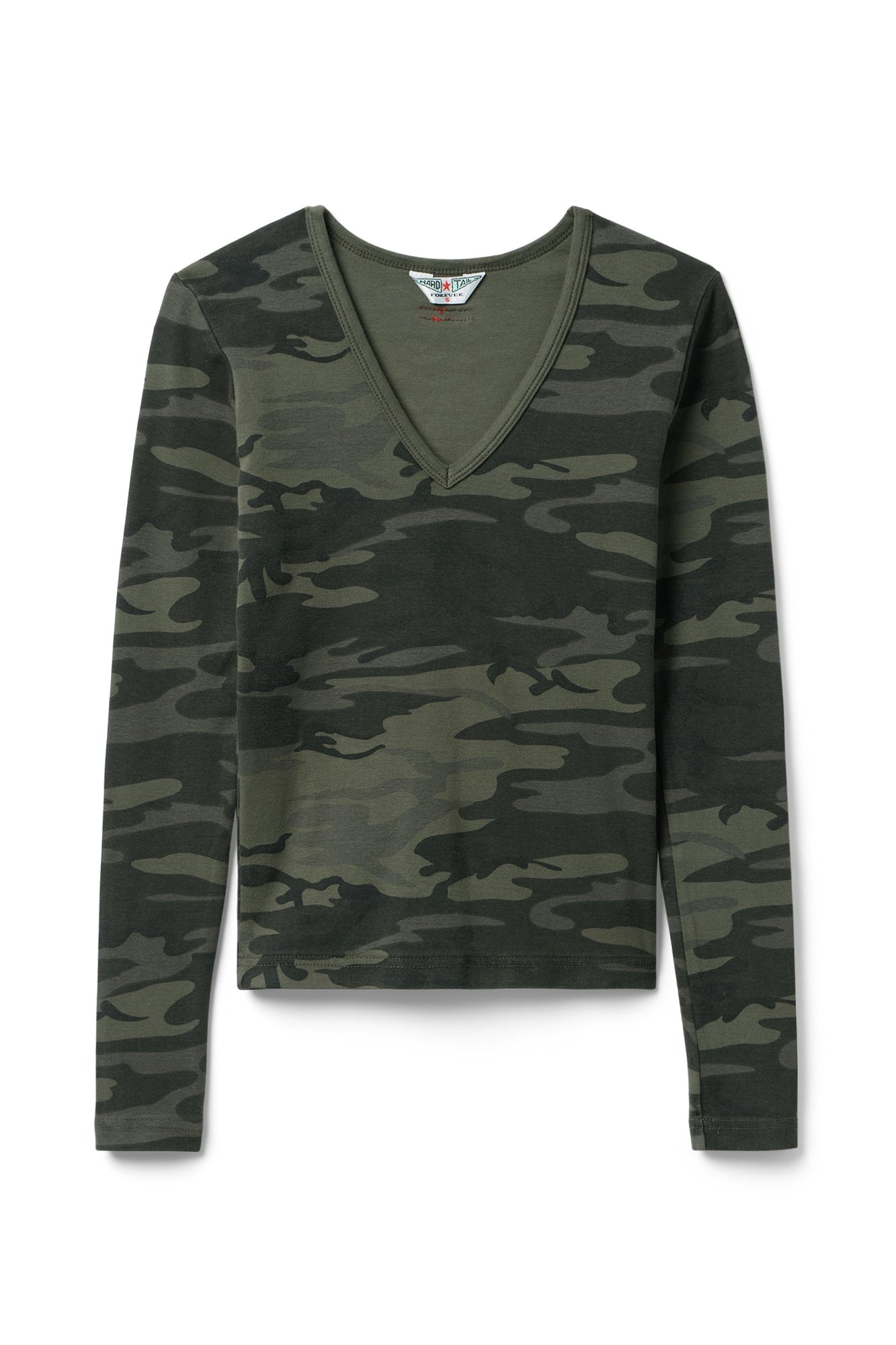 Women | Vintage Camo Long Sleeve V-Neck Baby Tee | Camo/Olive