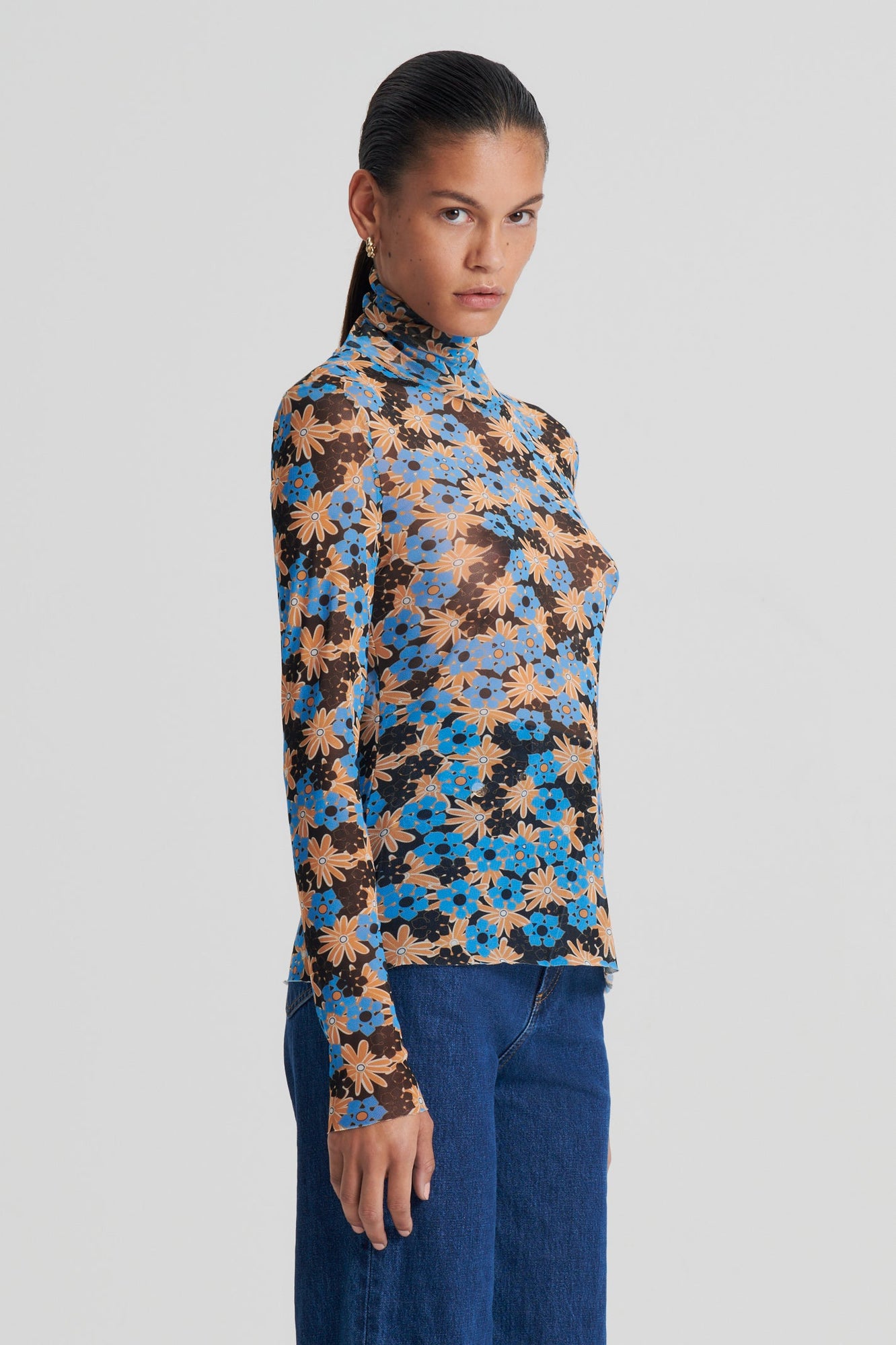 Italian Floral Print Mesh Top | Blu