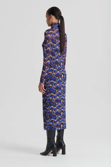 Italian Wave Print Mesh Dress | Cobalt