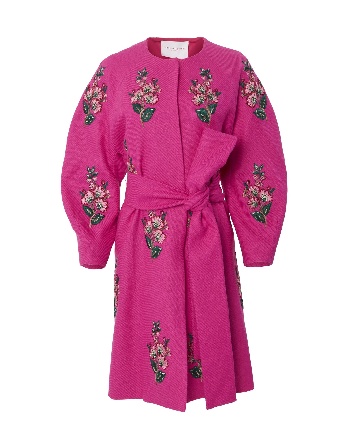 Embroidered Collarless A-Line Coat with Self Belt | Cerise Pink Multi