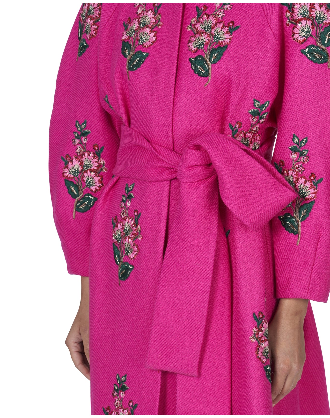 Embroidered Collarless A-Line Coat with Self Belt | Cerise Pink Multi