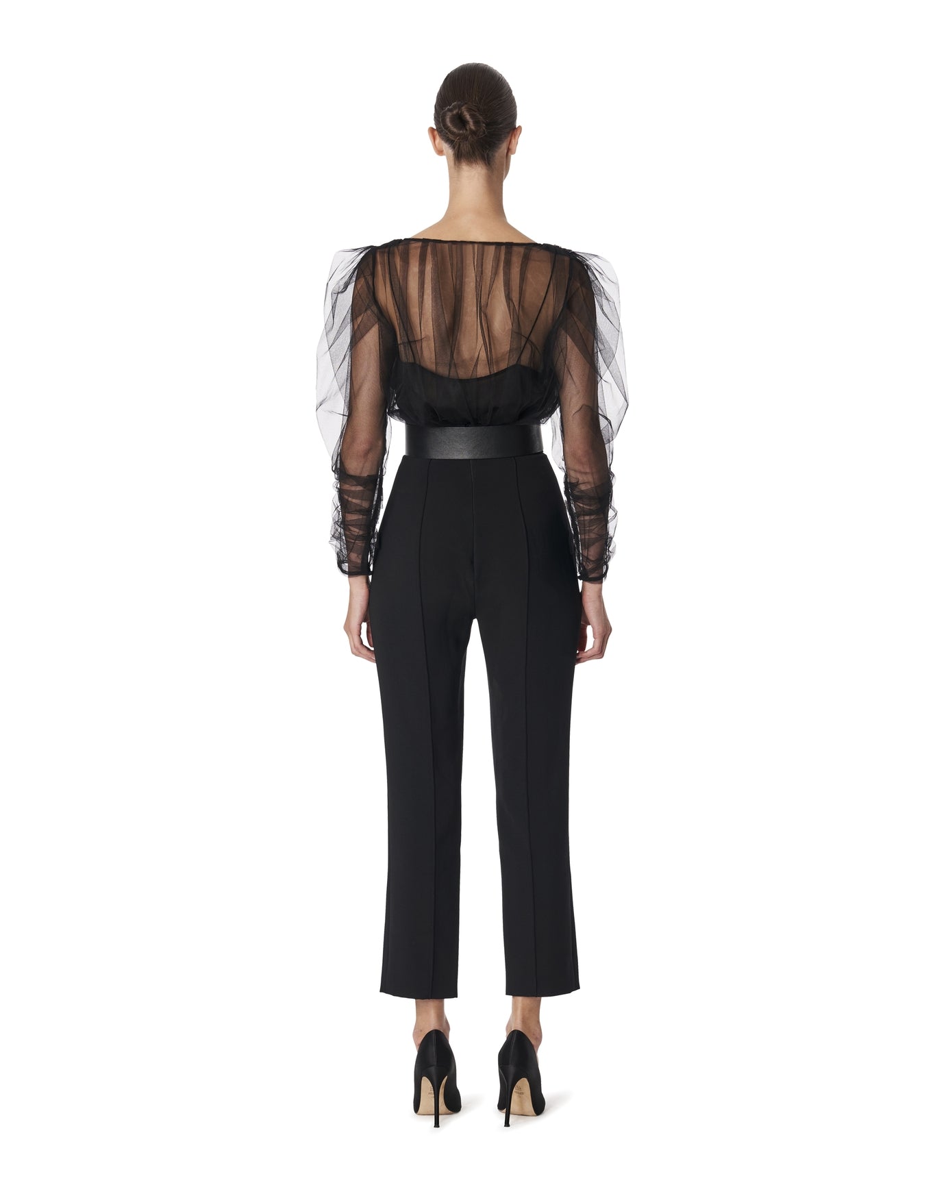 Puff Long Sleeve V Neck Tulle Top | Black