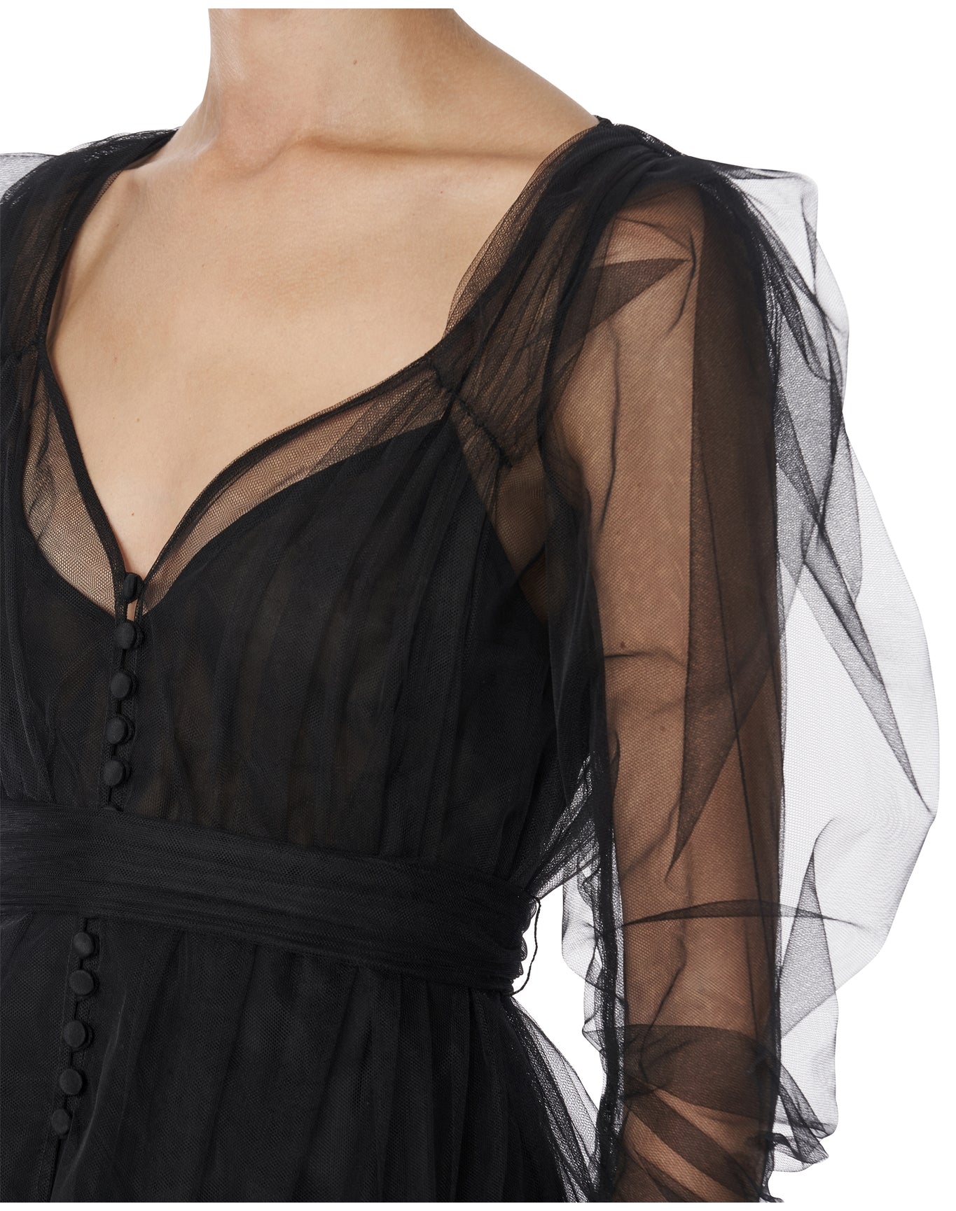 Puff Long Sleeve V Neck Tulle Top | Black