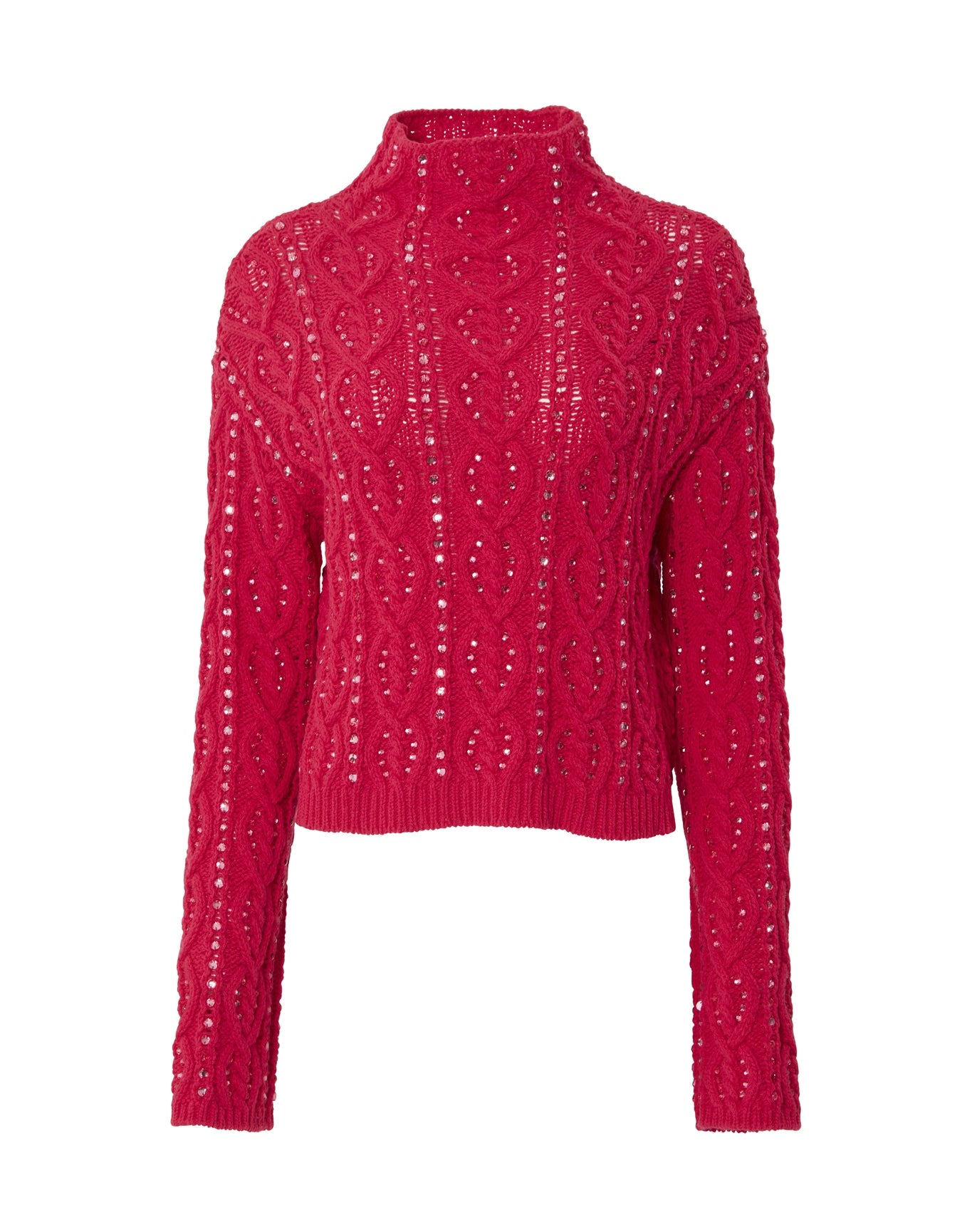 Embroidered Long Sleeve Funnel Neck Cable Sweater | Cerise Pink