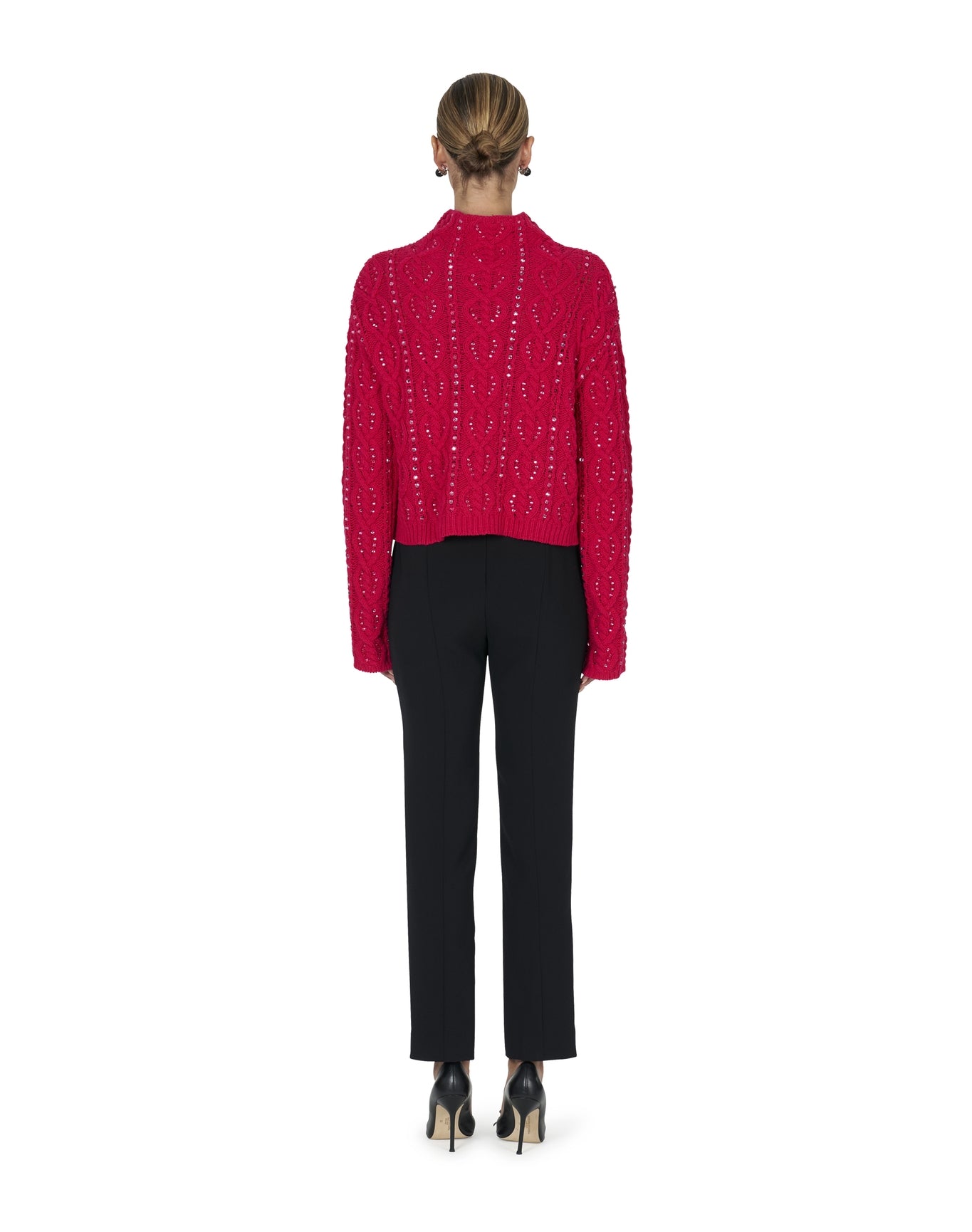 Embroidered Long Sleeve Funnel Neck Cable Sweater | Cerise Pink