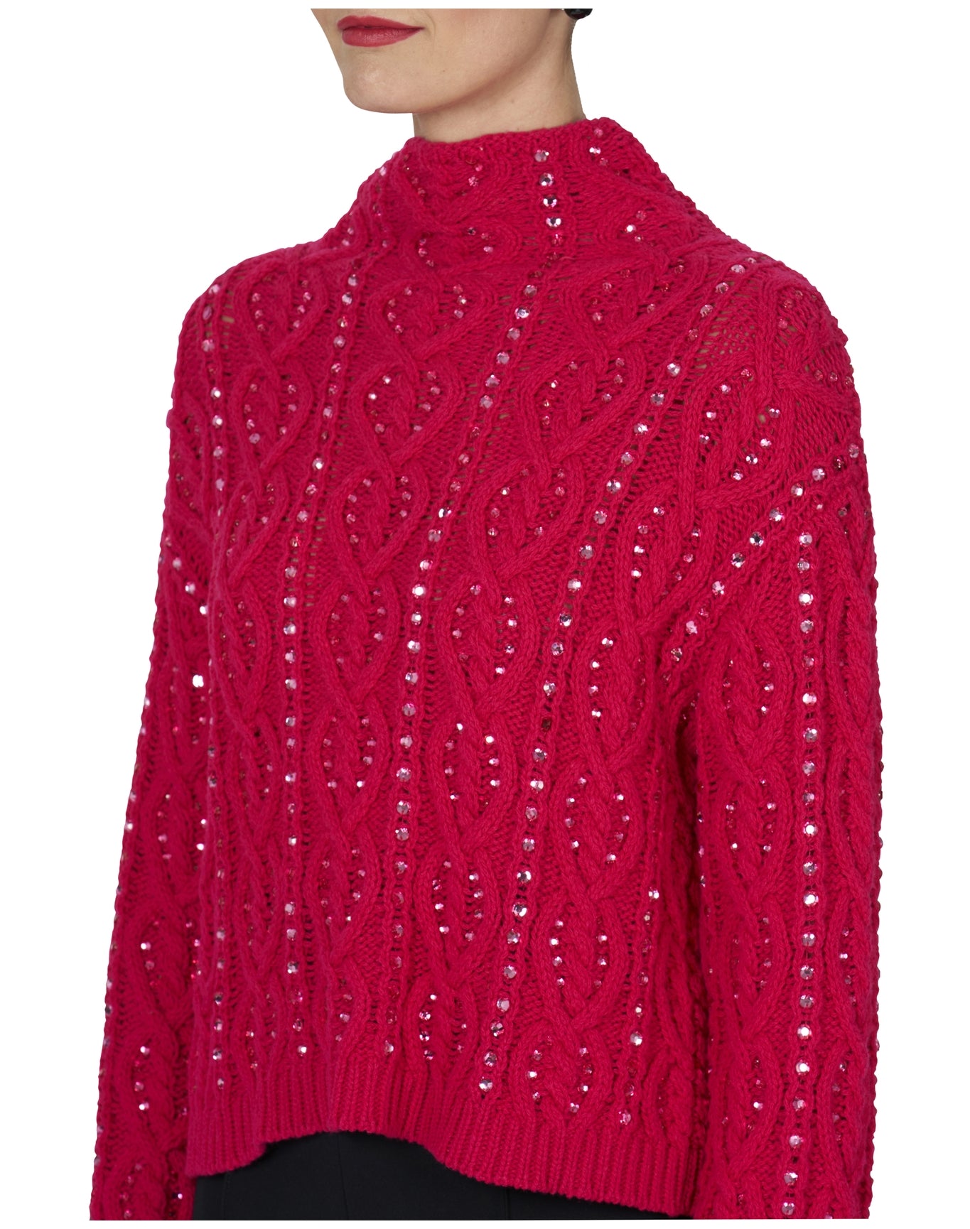 Embroidered Long Sleeve Funnel Neck Cable Sweater | Cerise Pink
