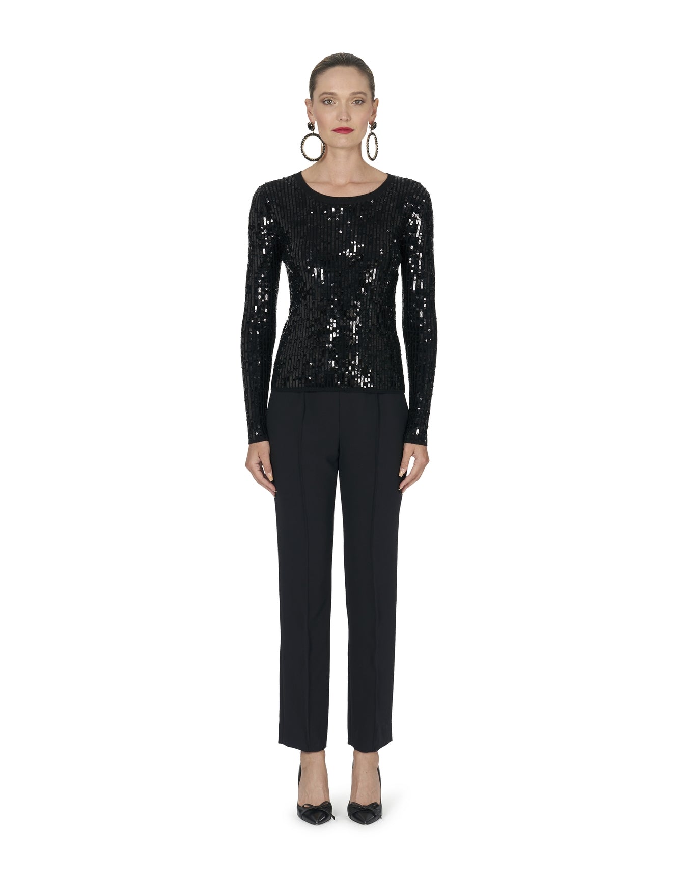 Embroidered Long Sleeve Crewneck Sequinned Knit Top | Black