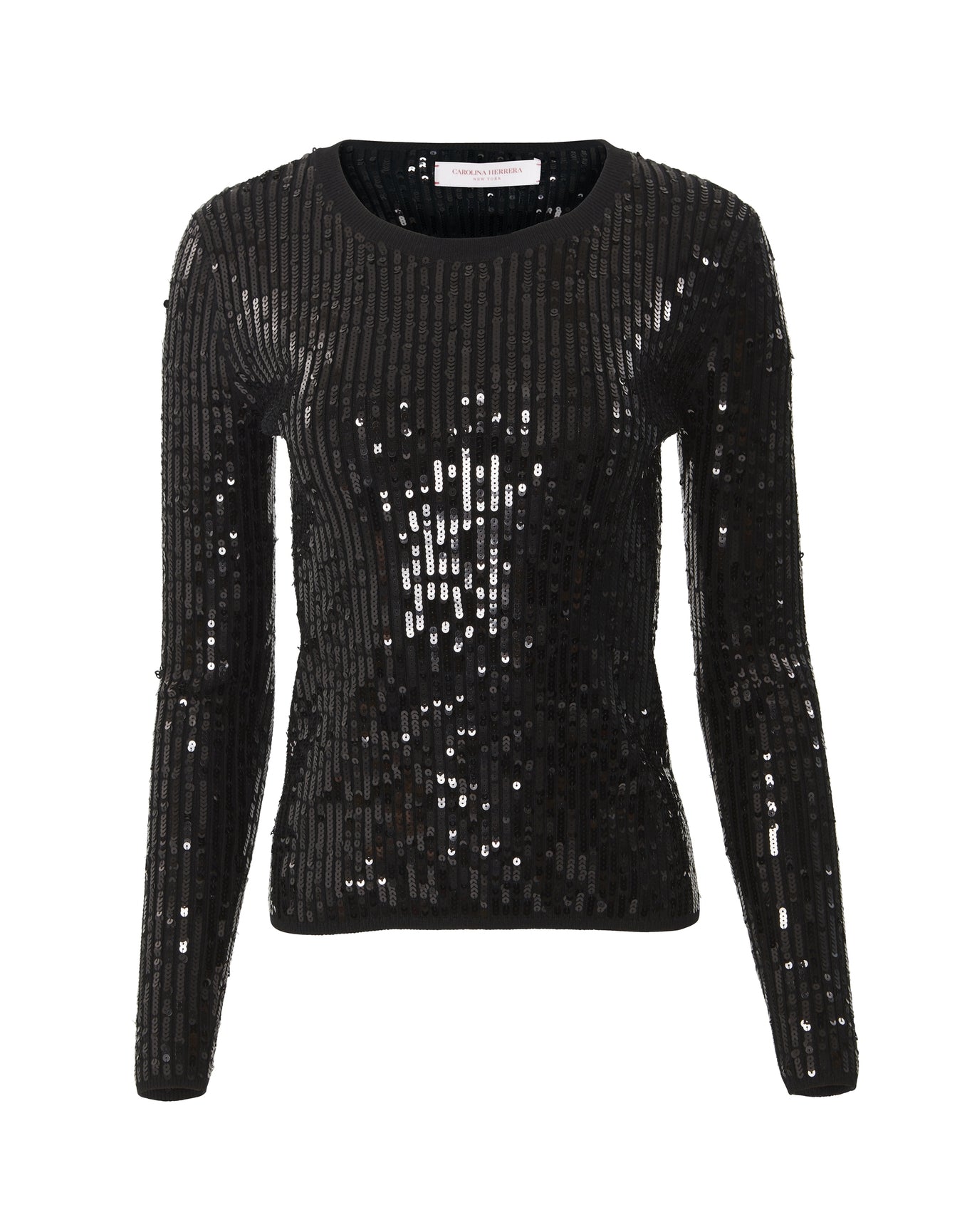 Embroidered Long Sleeve Crewneck Sequinned Knit Top | Black