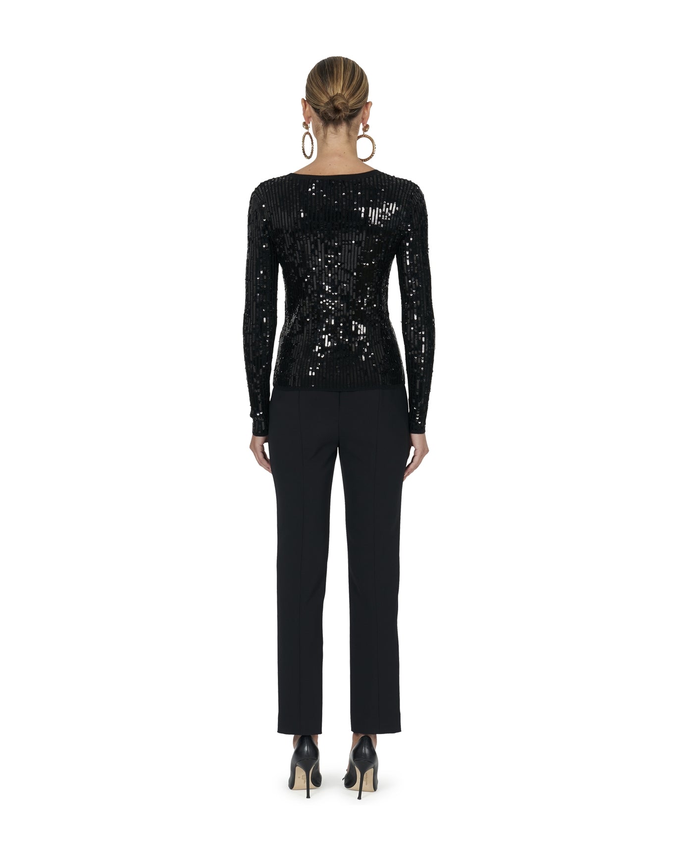 Embroidered Long Sleeve Crewneck Sequinned Knit Top | Black