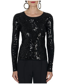 Embroidered Long Sleeve Crewneck Sequinned Knit Top | Black