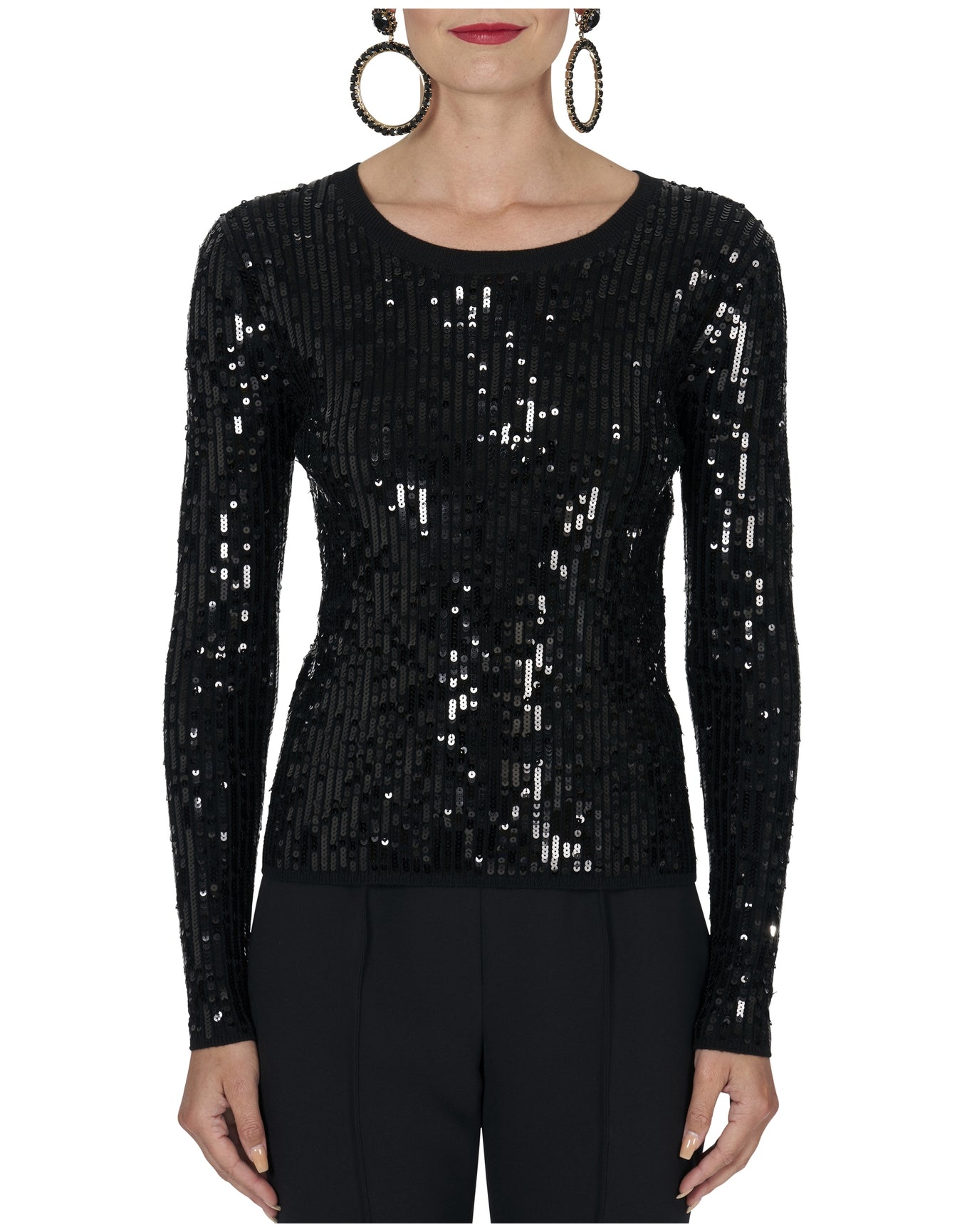 Embroidered Long Sleeve Crewneck Sequinned Knit Top | Black