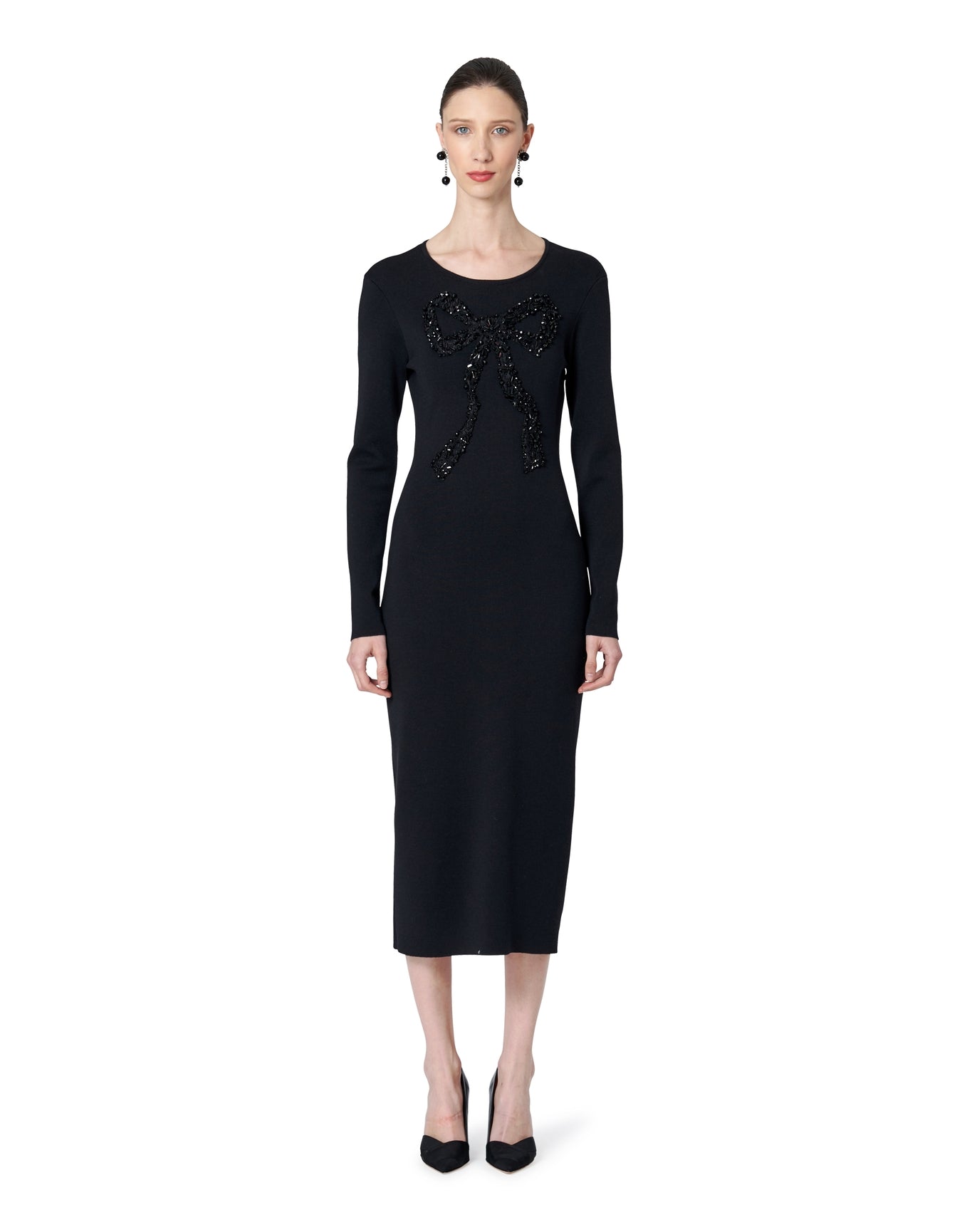 Embroidered Long Sleeve Crewneck Column Dress with Bow | Black