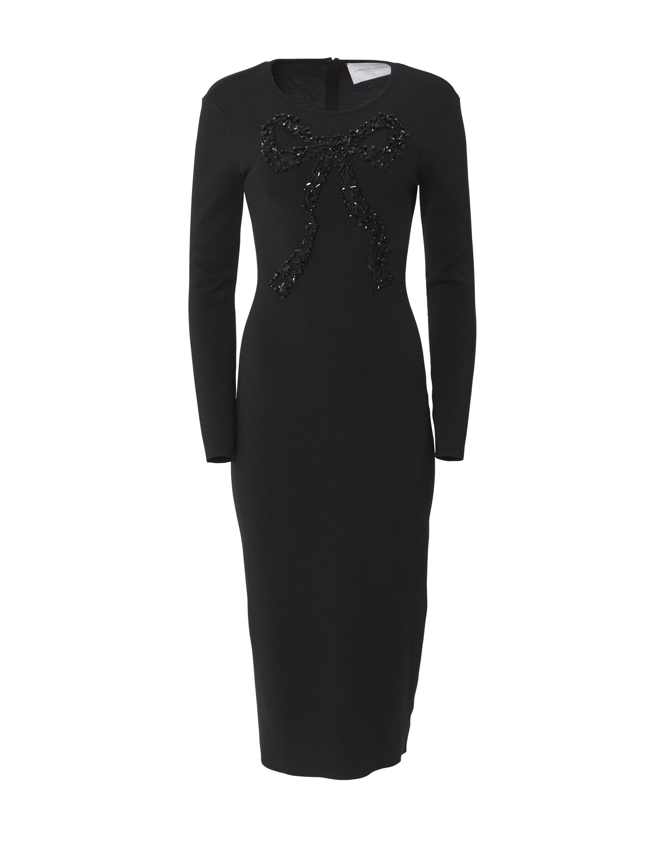 Embroidered Long Sleeve Crewneck Column Dress with Bow | Black