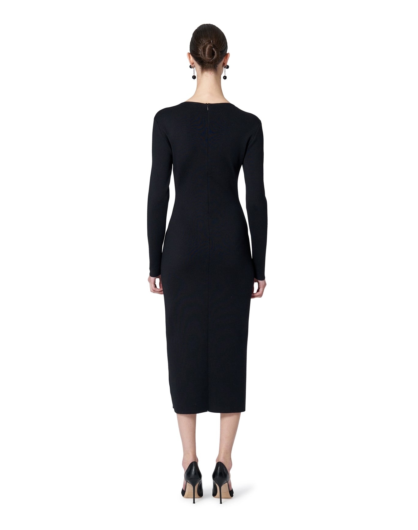 Embroidered Long Sleeve Crewneck Column Dress with Bow | Black