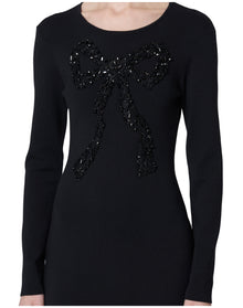 Embroidered Long Sleeve Crewneck Column Dress with Bow | Black