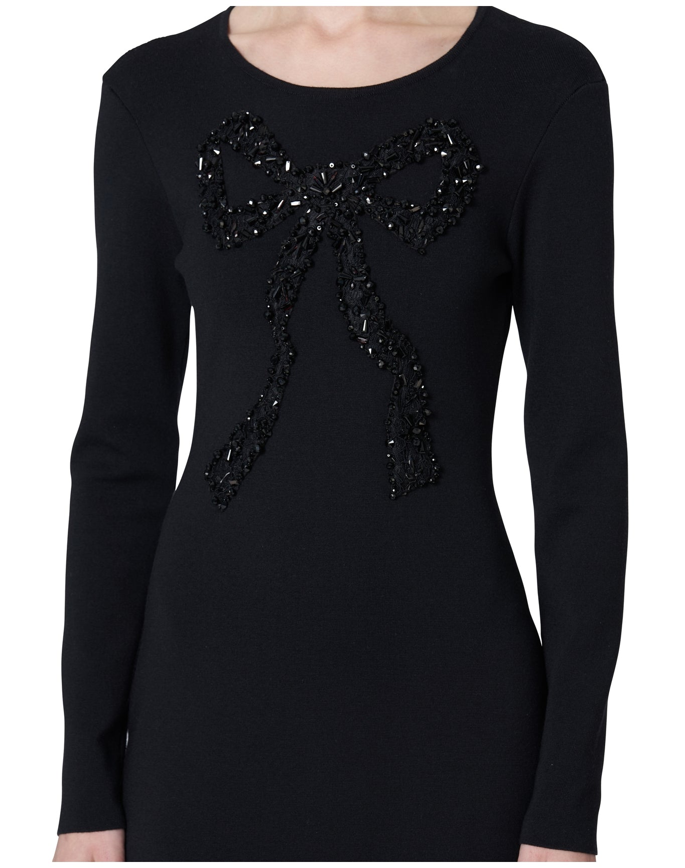 Embroidered Long Sleeve Crewneck Column Dress with Bow | Black