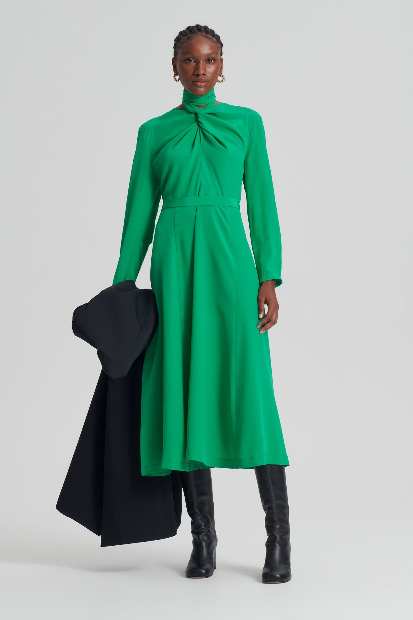 Silk Drape Neck Dress | Emerald