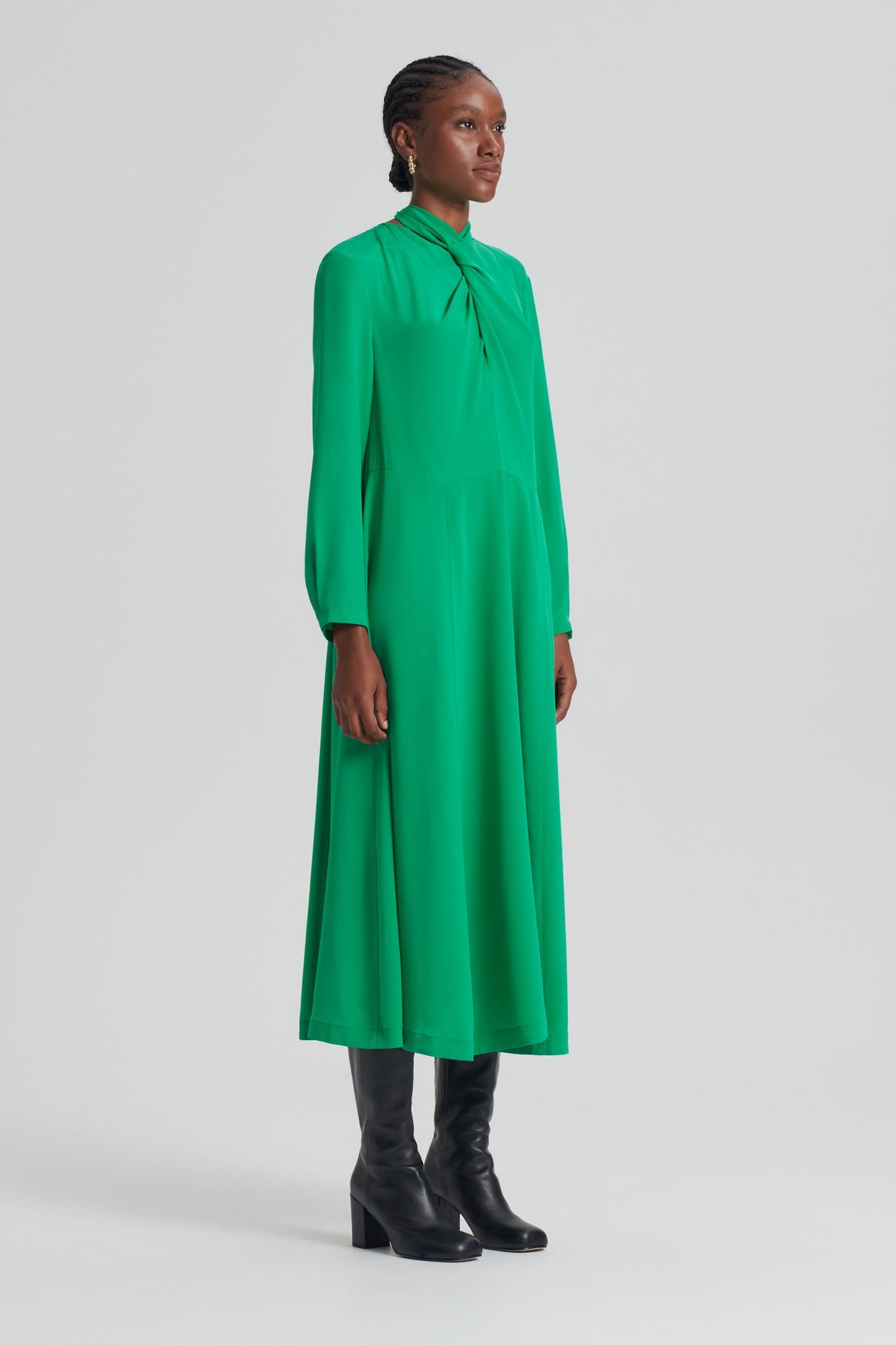 Silk Drape Neck Dress | Emerald