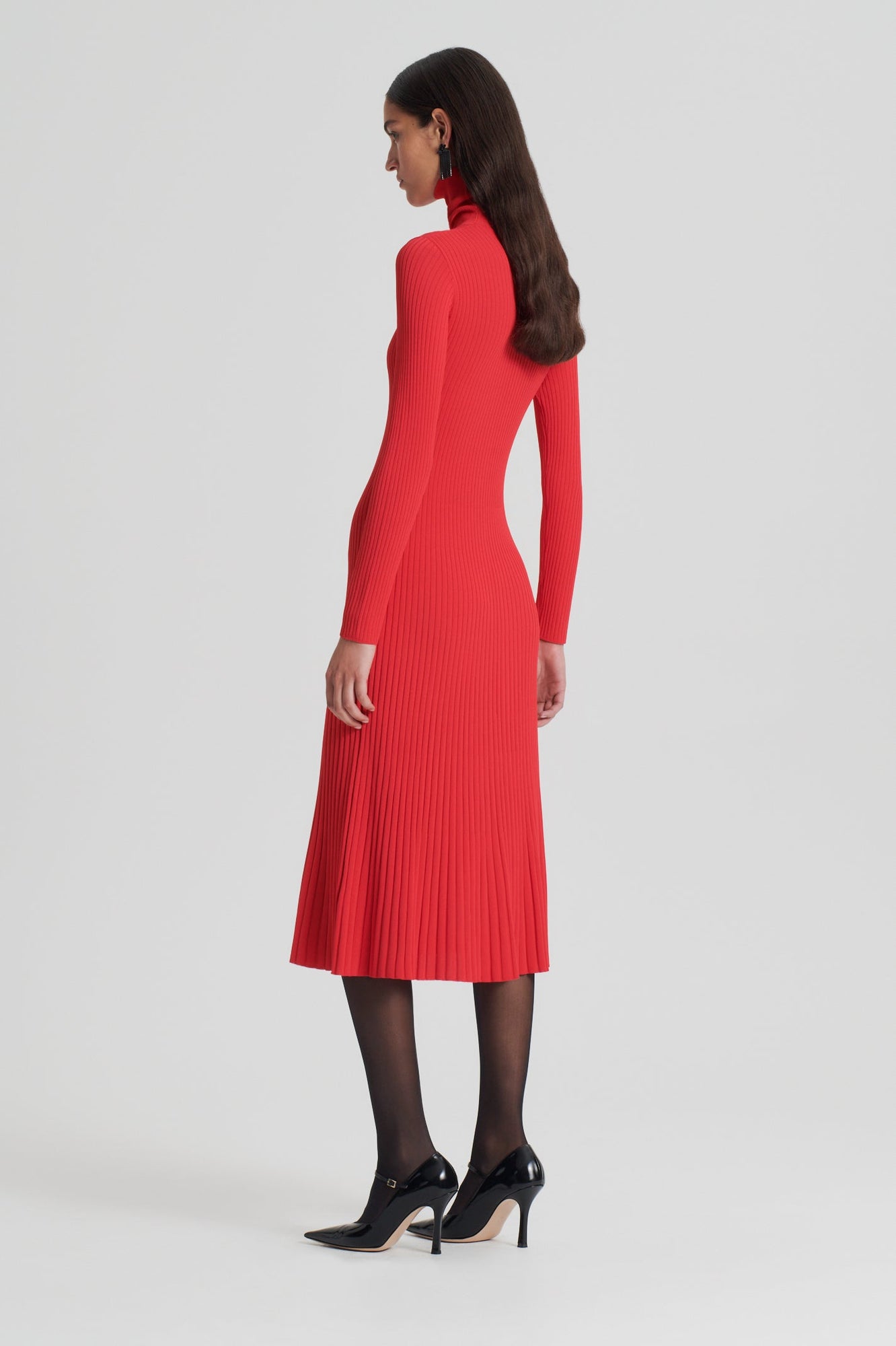 Pleated Rib Roll Neck Dress | Red