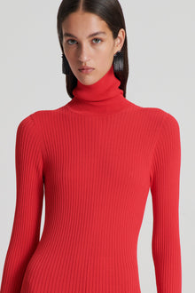 Pleated Rib Roll Neck Dress | Red