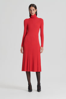 Pleated Rib Roll Neck Dress | Red