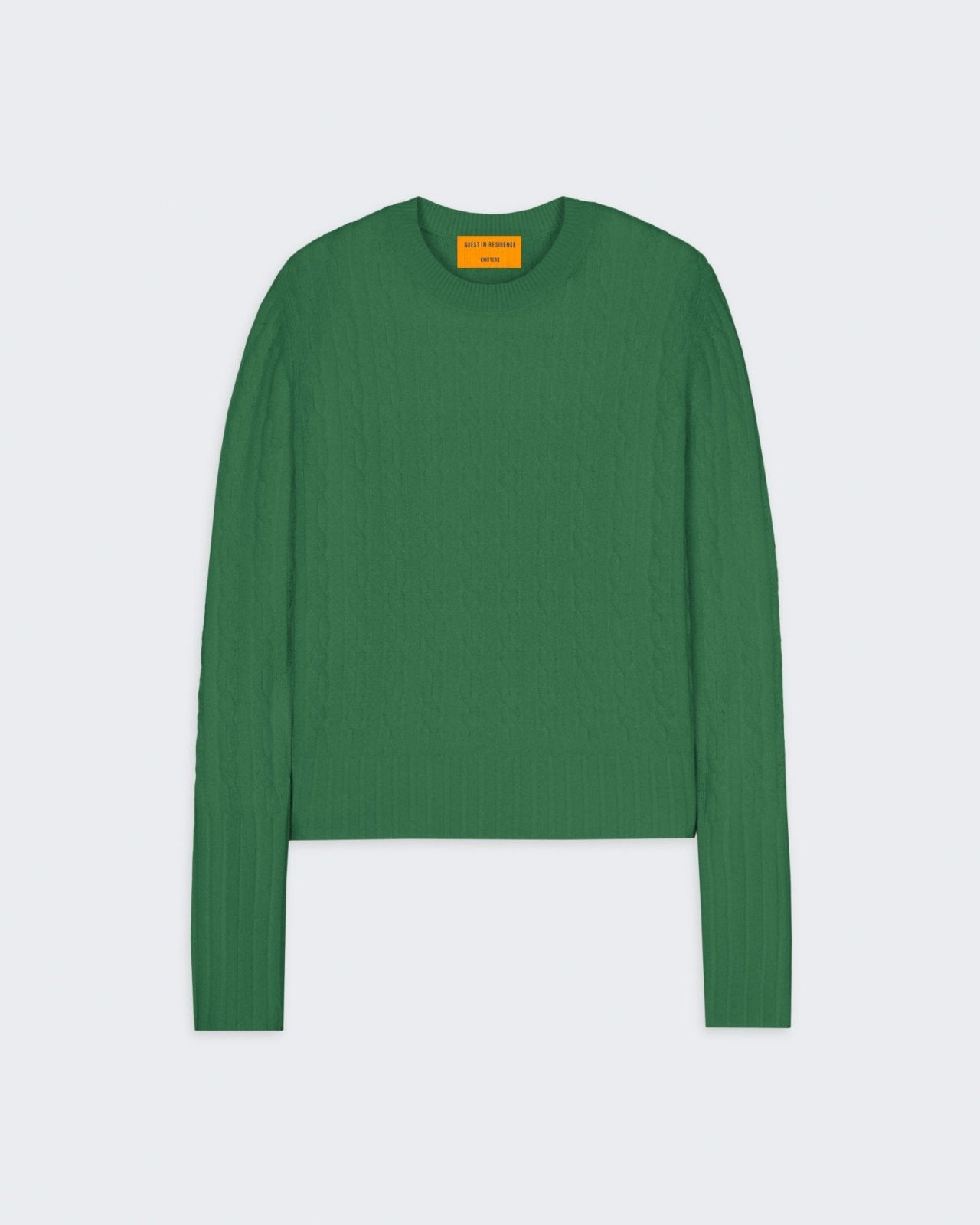 Cable Shrunken Crew - Rainforest women's slim fit cable knit cashmere crewneck sweater in deep green shade.
